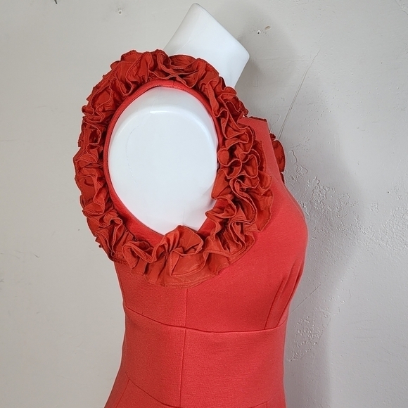 Trina Turk Coral Orange Midi Dress with Ruffle Sleeves Size 10 - Picture 7 of 13